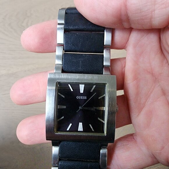 Men's Guess Stainless Steel and Black Leather Watch - Picture 2 of 13